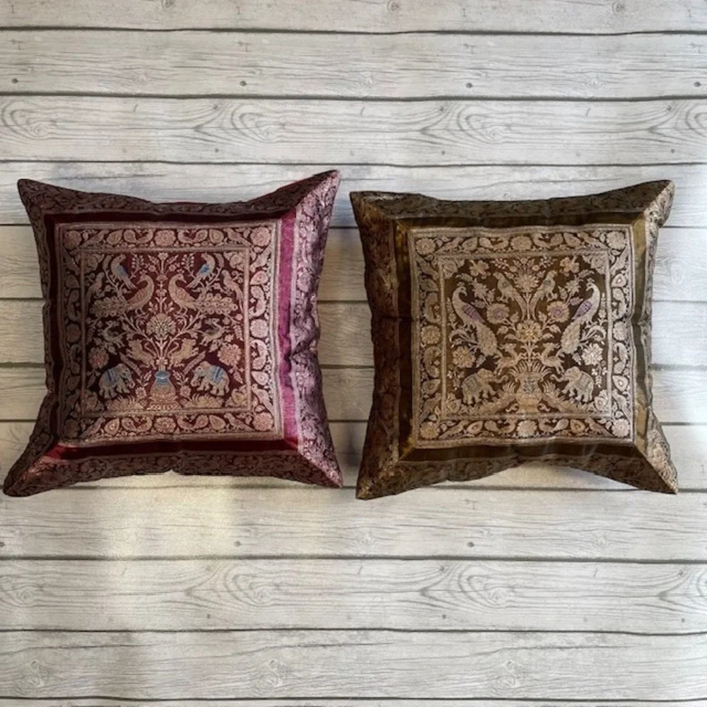 Silk Embroidered Throw Pillow Set‎ of 2 Ethnic Elephant Peacock Bohemian Decor